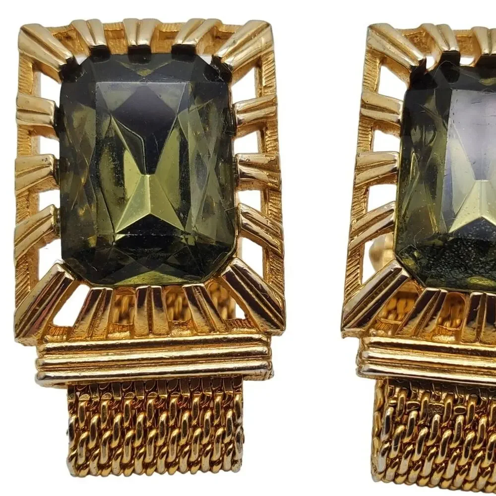Swank Green Glass Cufflinks Gold Tone Mesh Wrap Stone Retro MCM Large Menswear